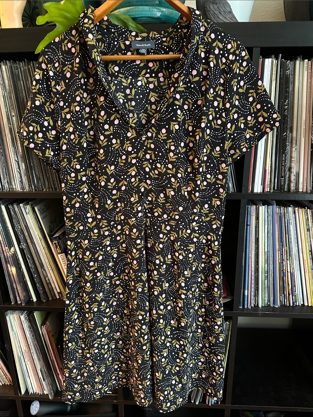 Modcloth Black Floral V-Neck Short Dress with Pink and Yellow Accents